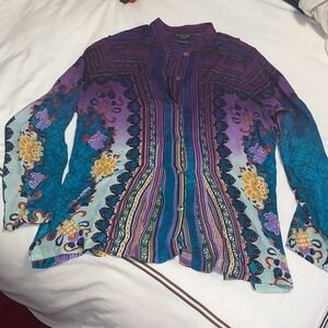 Citron Purple Teal Yellow 100% Silk Patterned Shirt Size L  VINTAGE!